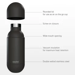 ASOBU Puramic Orb Stainless Steel Water Bottle, 14 oz., Black (ADNASBV30P)