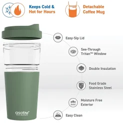 ASOBU Vista Stainless Steel Clear-Insulation Tritan Coffee Mug, 20 oz., Green (SM40)