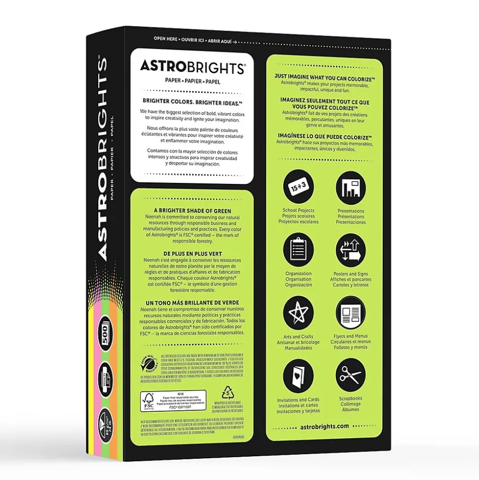 Astrobrights Color Paper, 8.5" x 11", 24 lb., Neon Assorted Colors, 500/Ream (20270)