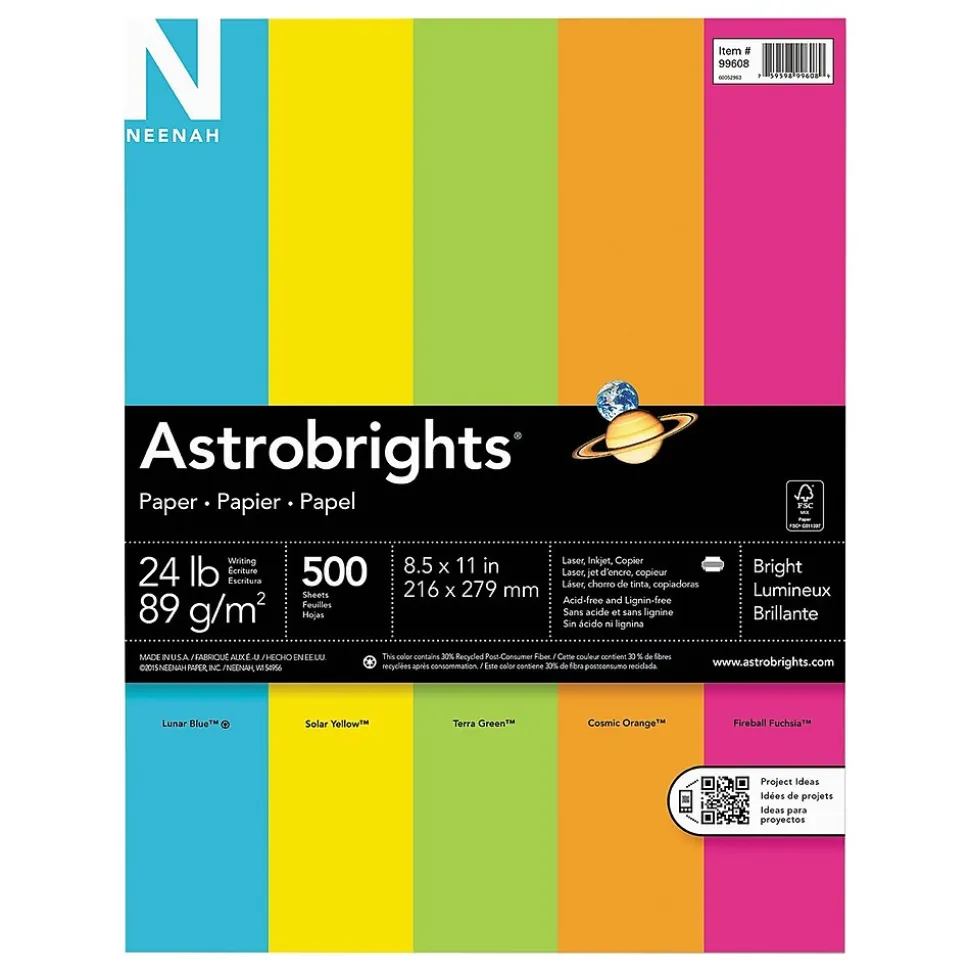 Astrobrights Neenah Colored Paper, 24 lbs., 8.5" x 11", Assorted Brights, 500 Sheets/Ream (WAU99608)