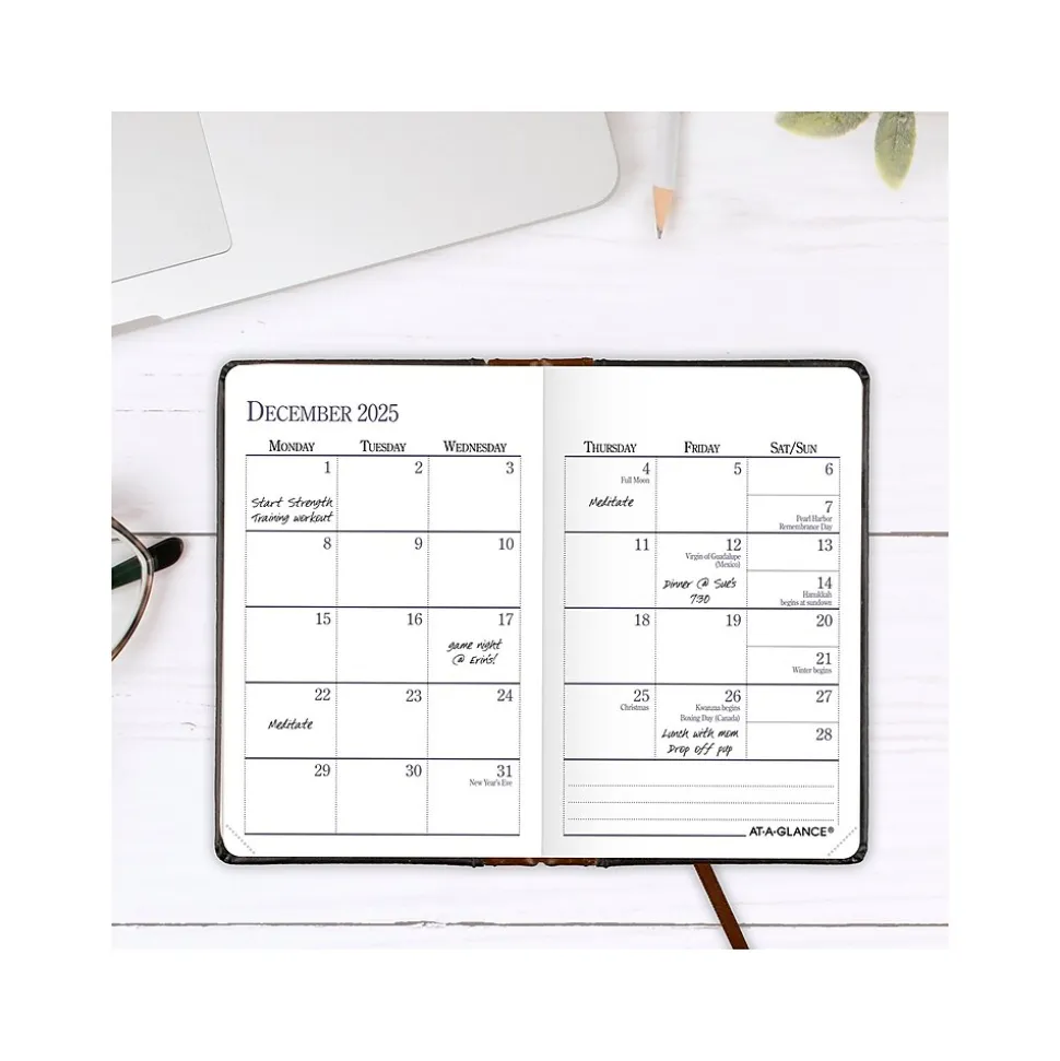 AT-A-GLANCE Fine Diary Pocket Hardcover 2025 Weekly and Monthly Diary, 2.75" x 4.25", Ruled, Black/Brown (74-01-05-25)