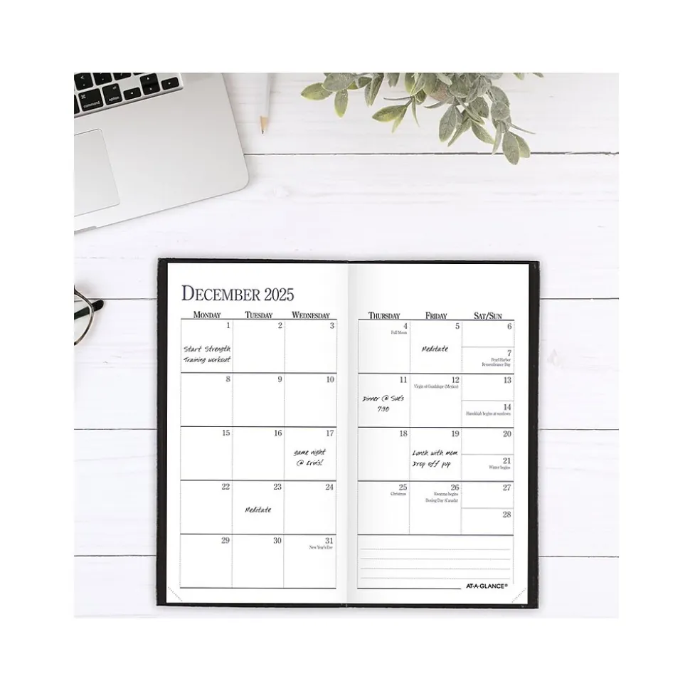 AT-A-GLANCE Fine Pocket Hardcover Diary, 3" x 6", Ruled, Black (72-02-05-25)
