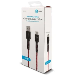 AT&T Charge and Sync USB to Type-C Cable, 10 ft., Red, (TCB10-RED)