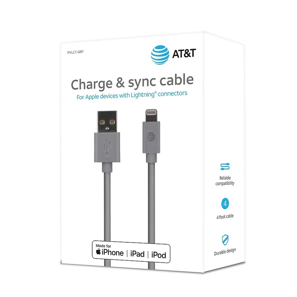 AT&T PVC Charge and Sync Lightning Cable, 4 ft., Gray (PVLC1-GRY)