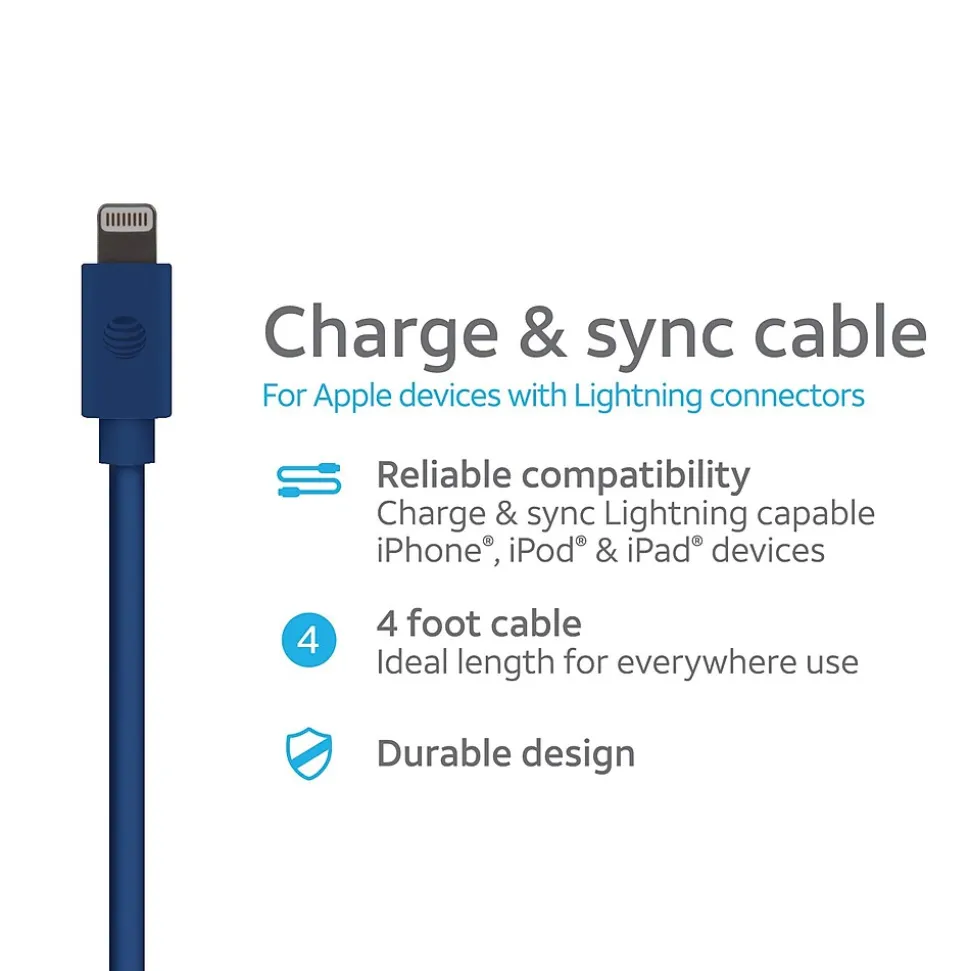 AT&T PVC Charge and Sync Lightning Cable, 4 ft., Blue (PVLC1-BLU)