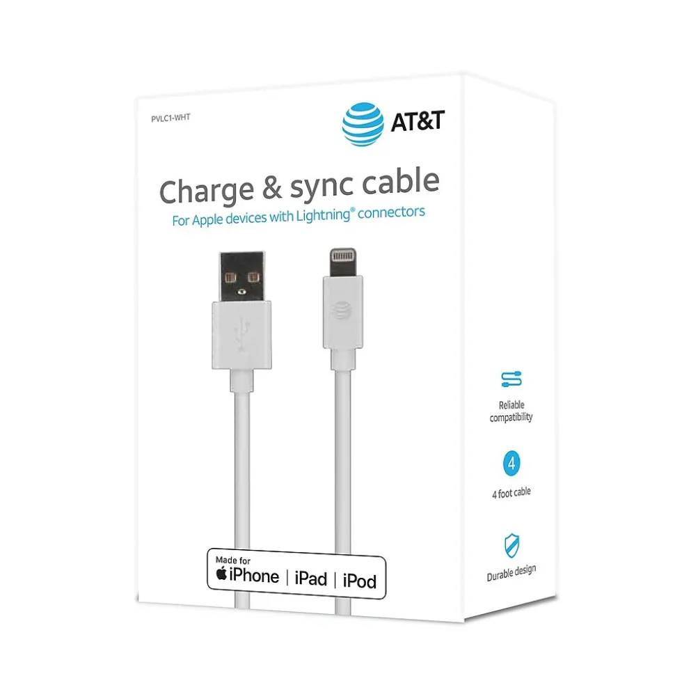 AT&T PVC Charge and Sync Lightning Cable, 4 ft., White (PVLC1-WHT)