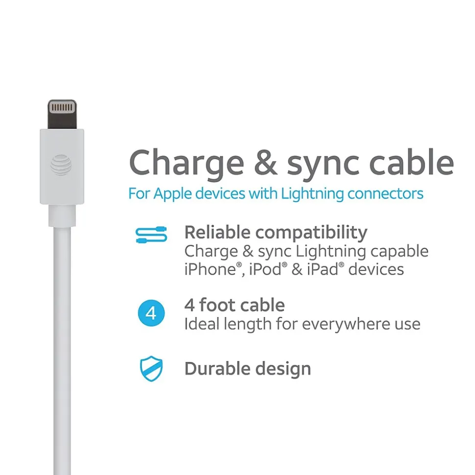 AT&T PVC Charge and Sync Lightning Cable, 4 ft., White (PVLC1-WHT)