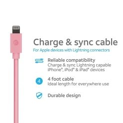 AT&T PVC Charge and Sync Lightning Cable, 4 ft., Pink (PVLC1-PNK)