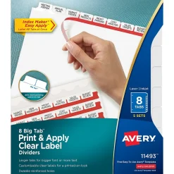 Avery Big Tab Print & Apply Label Blank Dividers, 8-Tab, Clear, 5/Set (11493)