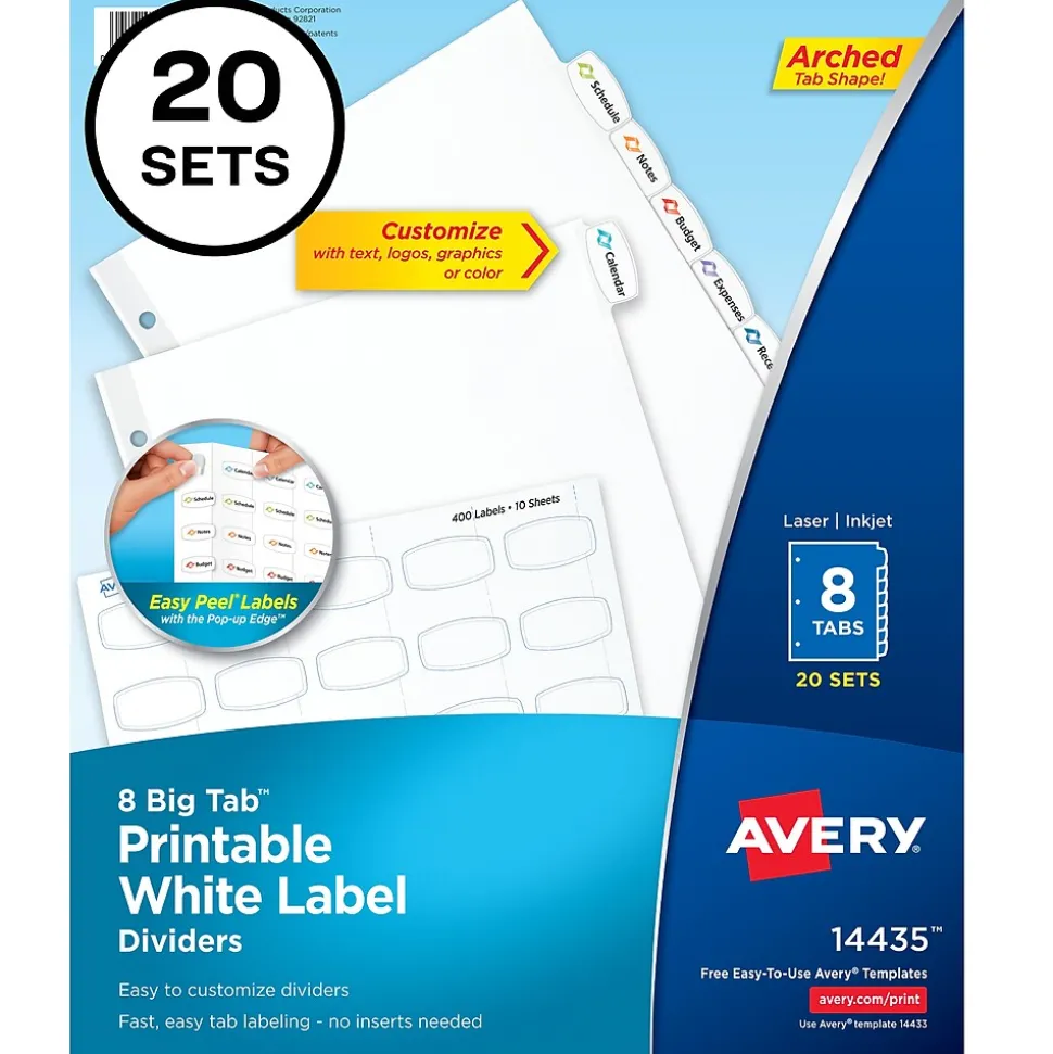 Avery Big Tab Printable Paper Dividers with White Labels, 8 Tabs, 20 Sets/Pack (11435)