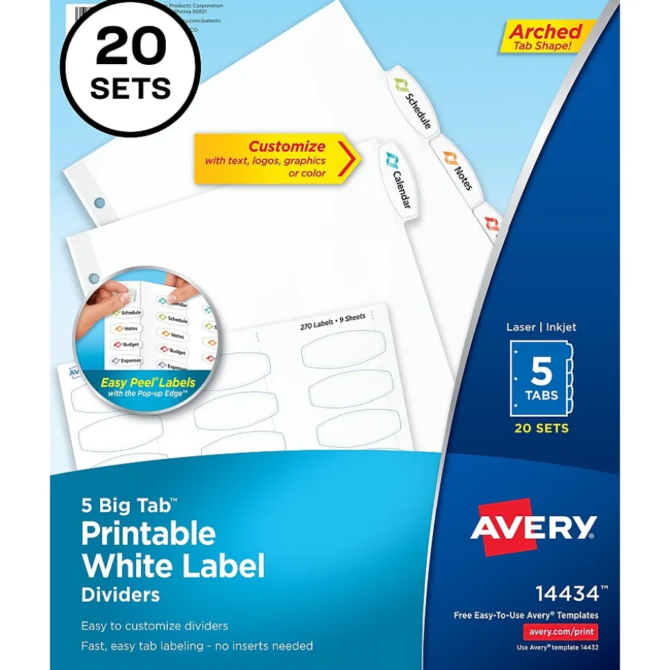 Avery Big Tab Printable Paper Dividers with White Labels, 5 Tabs, 20 Sets/Pack (11434)