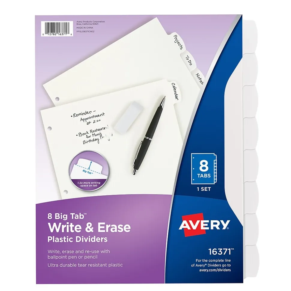 Avery Big Tab Write & Erase Plastic Dividers, 8 Tabs, White (16371)