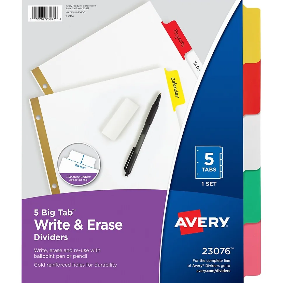 Avery Big Tab Write & Erase Paper Dividers, 5 Tabs, Multicolor, Gold Reinforced (23076)
