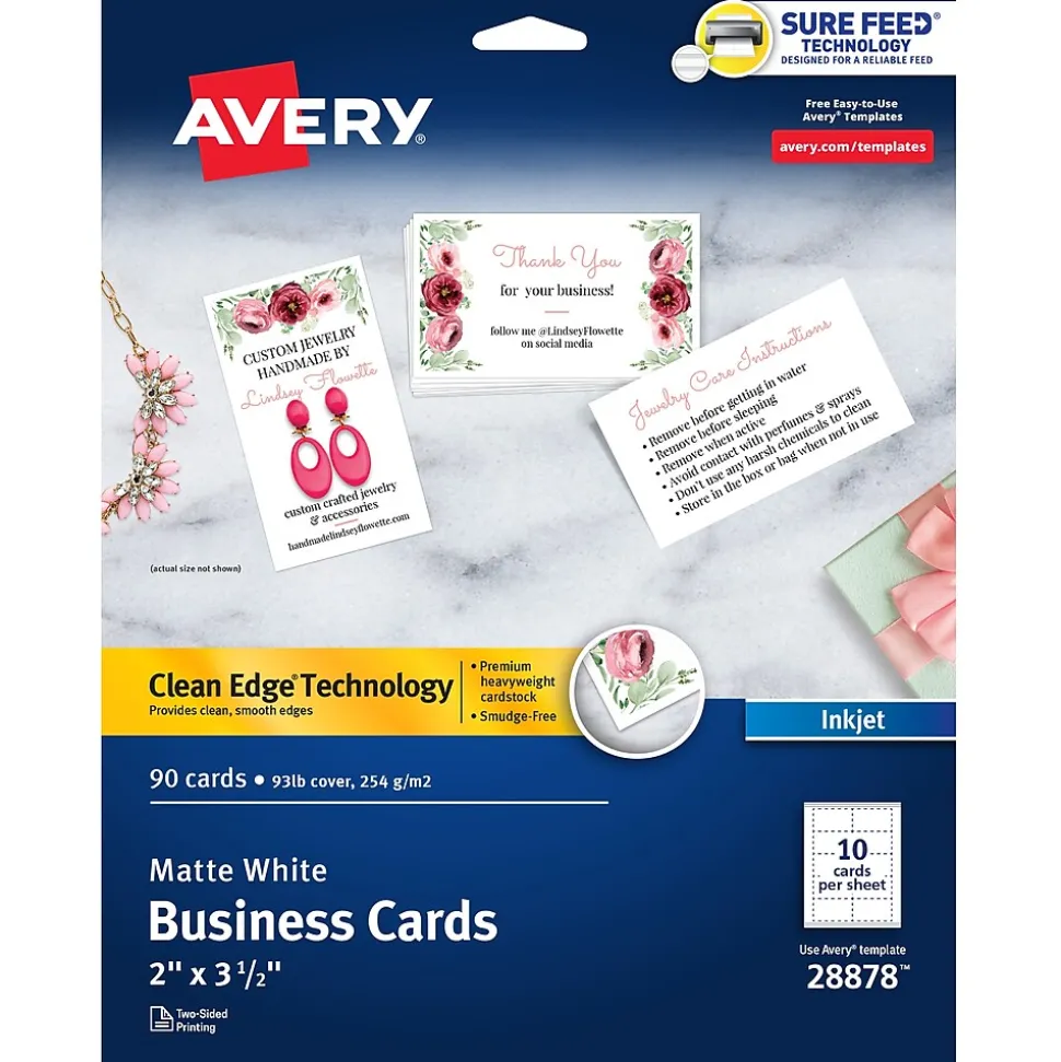 Avery Clean Edge Business Cards, 2" x 3 1/2", Matte White, 90 Per Pack (28878)