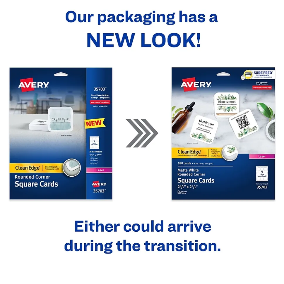 Avery Clean Edge Laser Square Cards with Rounded Corners, 2 1/2" x 2 1/2", White, 20 Sheets/Pack, 180 Cards/Pack (35703)