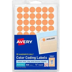 Avery Color-Coding Labels, 1/2 " Dia, Neon Orange, Non-Printable, 840 Labels/Pack (5062)