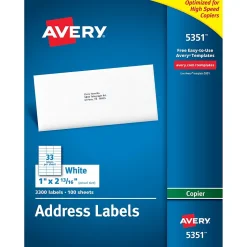 Avery Copier Address Labels, 1" x 2-13/16", White, 3300 Labels/Box (5351)
