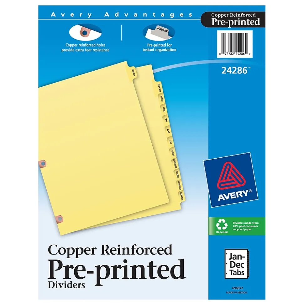 Avery Copper Reinforced Preprinted Dividers, 12-Tabs, Buff, Set (24286)