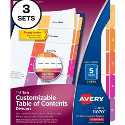 Avery Customizable Table of Contents Dividers, 5-Tab, Multicolor, 3 Sets/Pack (11070)
