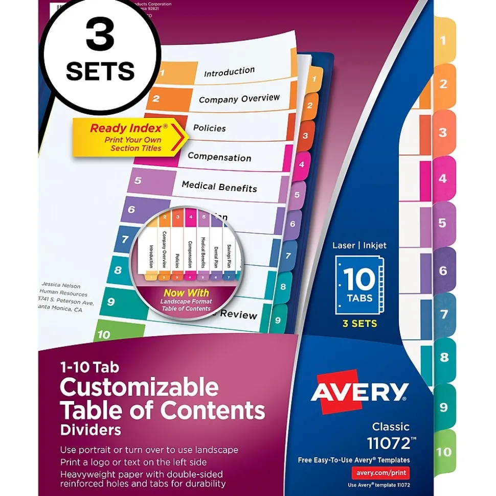 Avery Customizable Table Of Contents Ready Index Pre-Printed Paper Divider, 10-Tab, White, 3/Pack (11072)