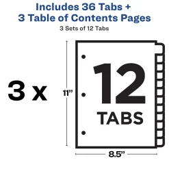Avery Customizable Table of Contents Dividers, 12-Tab, Multicolor, 3 Sets/Pack (11073)