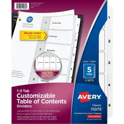 Avery Customizable Table of Contents Dividers, Ready Index Printable Section Titles, Preprinted 1-5 White Tabs, 3 Sets (11075)