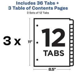 Avery Customizable Table of Contents Dividers, 12-Tabs, White, 3 Sets/Pack (11078)