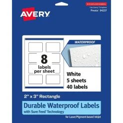 Avery Durable Waterproof Laser/Inkjet Rectangle Labels, 2" x 3", White, 40 Labels/Pack (36559)