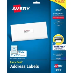 Avery Easy Peel Inkjet Address Labels, 1" x 2-5/8", White, 750 Labels/Pack (8160)