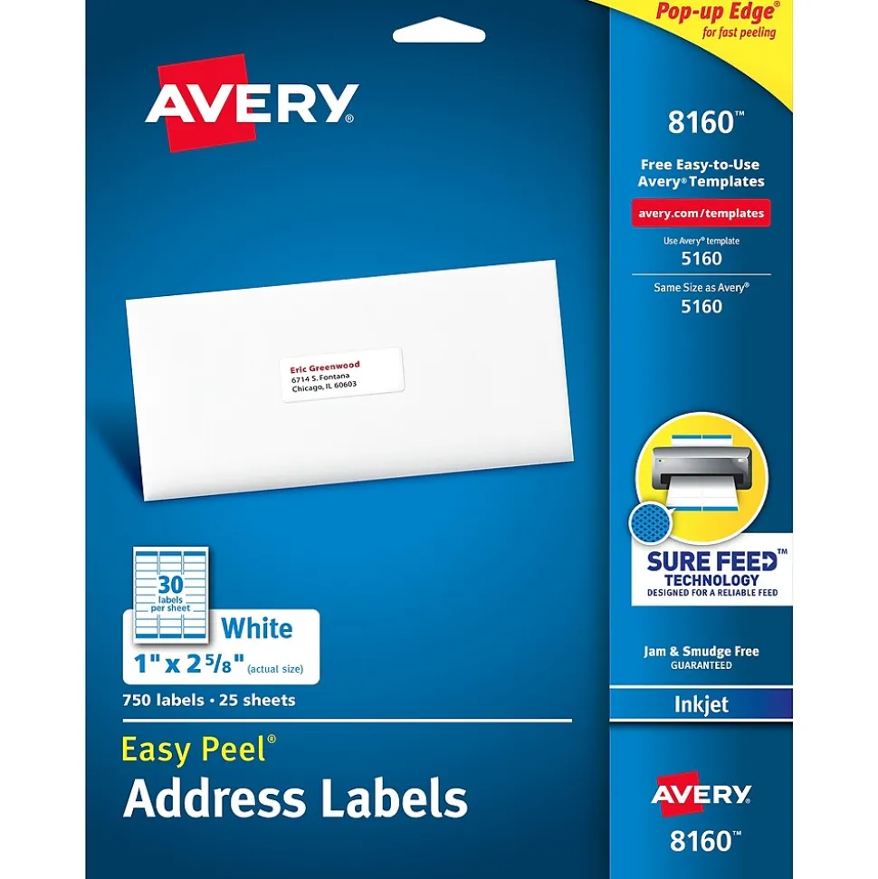 Avery Easy Peel Inkjet Address Labels, 1" x 2-5/8", White, 750 Labels/Pack (8160)