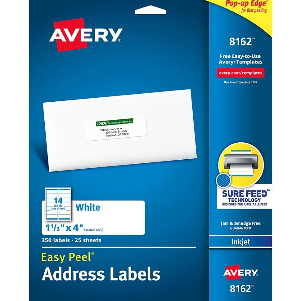 Avery Easy Peel Inkjet Address Labels, 1-1/3" x 4", White, 350 Labels/Pack (8162)