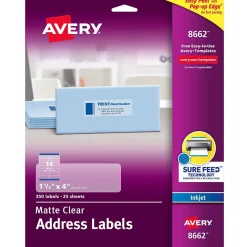Avery Easy Peel Inkjet Address Labels, 1-1/3" x 4", Clear, 350 Labels/Pack (8662)