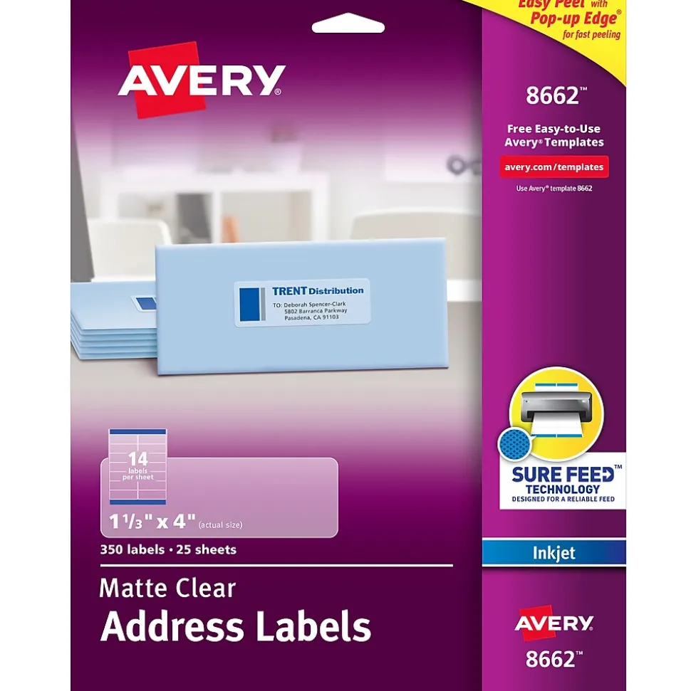 Avery Easy Peel Inkjet Address Labels, 1-1/3" x 4", Clear, 350 Labels/Pack (8662)
