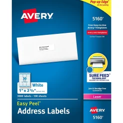 Avery Easy Peel Laser Address Labels, 1" x 2-5/8", White, 3,000 Labels/Box (5160)