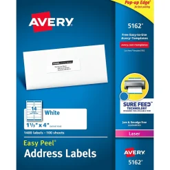 Avery Easy Peel Laser Address Labels, 1-1/3" x 4", White, 1,400 Labels/Box (5162)