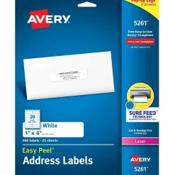 Avery Easy Peel Laser Address Labels, 1" x 4", White, 500 Labels/Pack (5261)