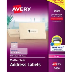 Avery Easy Peel Laser Address Labels, 1" x 2-5/8", Clear, 1,500 Labels/Box (5660)
