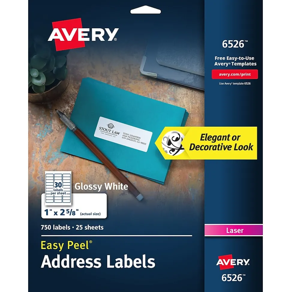 Avery Easy Peel Laser Address Labels, 1" x 2-5/8", Glossy White, 750 Labels/Pack (6526)