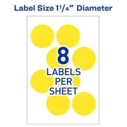 Avery Easy Peel Laser Color Coding Labels, 1 1/4" Dia, Neon Yellow, 8 Labels/Sheet, 50 Sheets/Pack (5499)