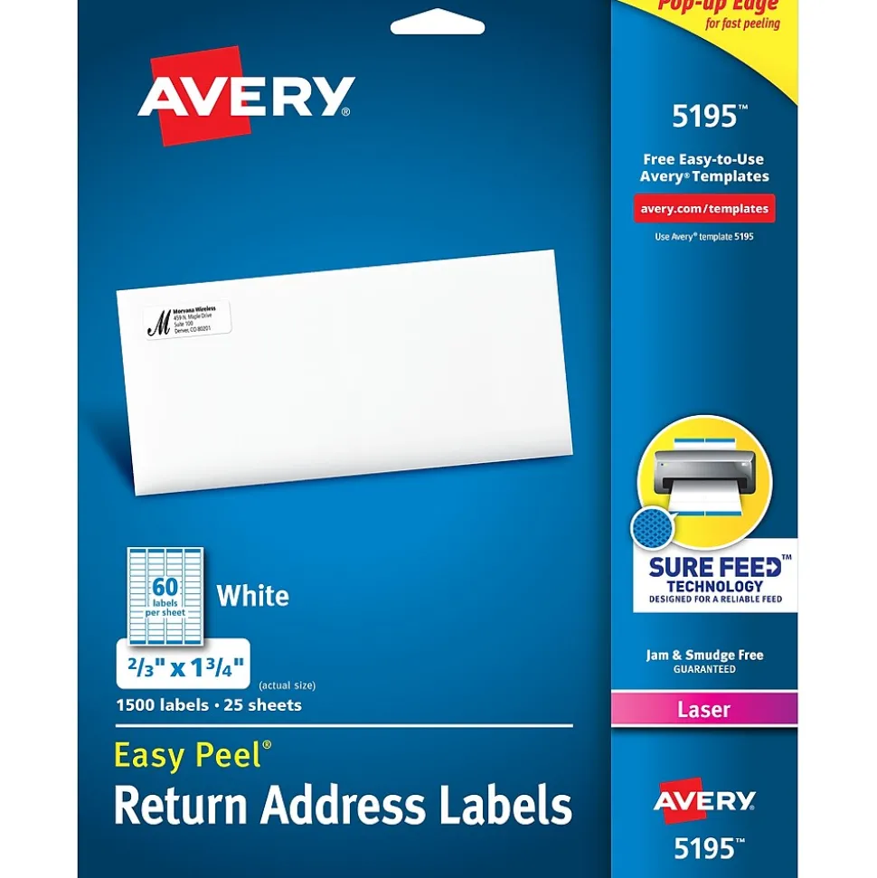 Avery Easy Peel Laser Return Address Labels, 2/3" x 1 3/4", White, 1,500 Labels/Pack (5195)