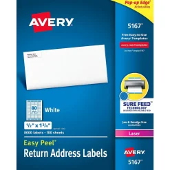 Avery Easy Peel Laser Return Address Labels, 1/2" x 1-3/4", White, 8,000 Labels/Pack (5167)