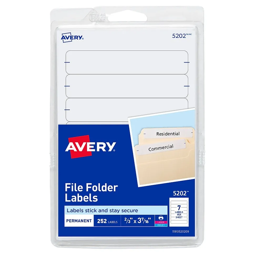 Avery Easy Peel Laser/Inkjet File Folder Labels, 2/3" x 3-7/16", White, 252 Labels/Pack (5202)