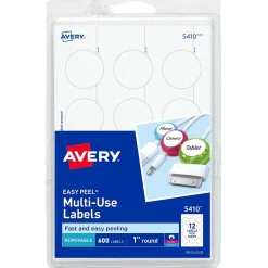 Avery Easy Peel Laser/Inkjet Multipurpose Labels, 1" Dia, White, 600 Labels/Pack (5410)