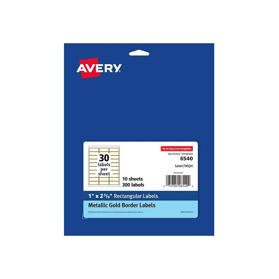Avery Easy Peel Laser/Inkjet Address Labels, 1" x 2 5/8", White with Metallic Gold Borders, 300 Labels/Pack (6540)
