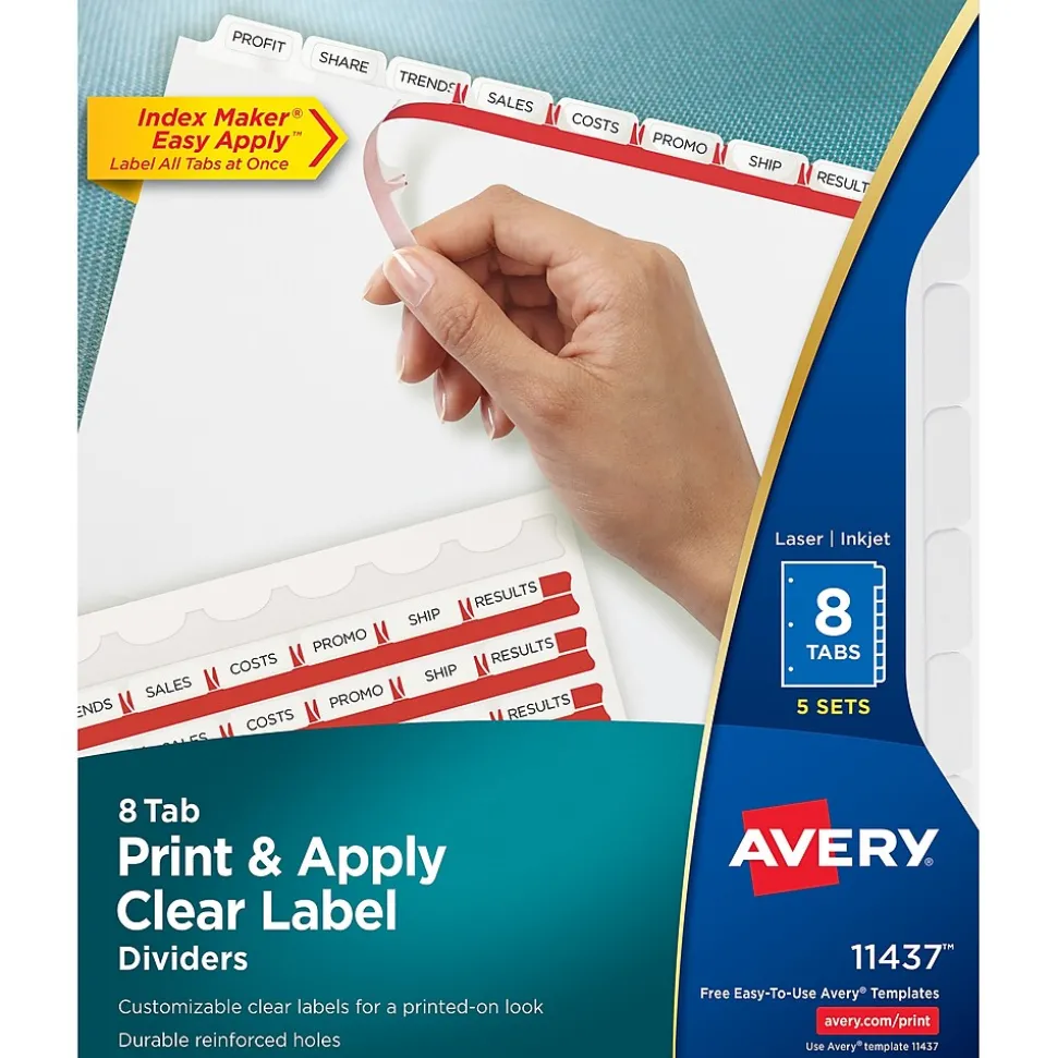 Avery Index Maker Paper Dividers with Print & Apply Label Sheets, 8 Tabs, White, 5 Sets/Pack (11437)
