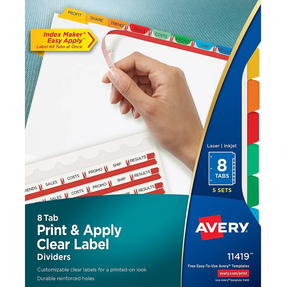 Avery Index Maker Paper Dividers with Print & Apply Label Sheets, 8 Tabs, Multicolor, 5 Sets/Pack (11419)