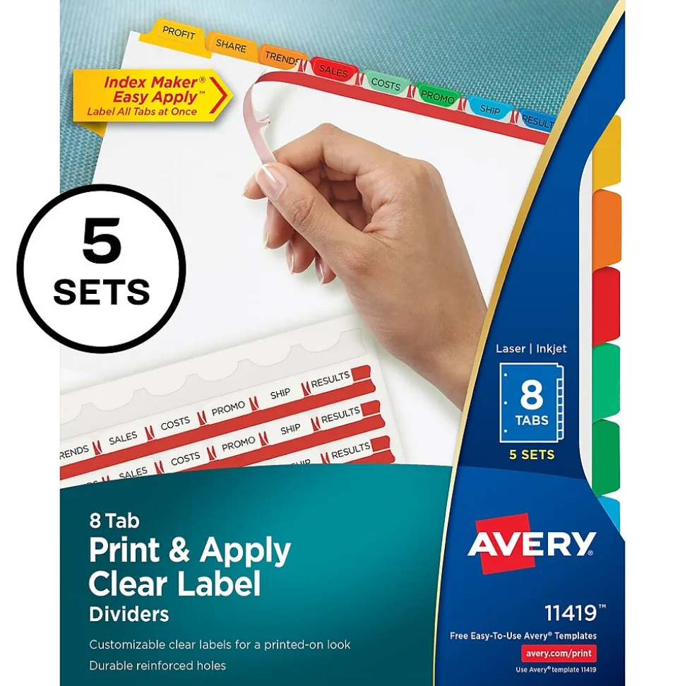 Avery Index Maker Paper Dividers with Print & Apply Label Sheets, 8 Tabs, Multicolor, 5 Sets/Pack (11419)