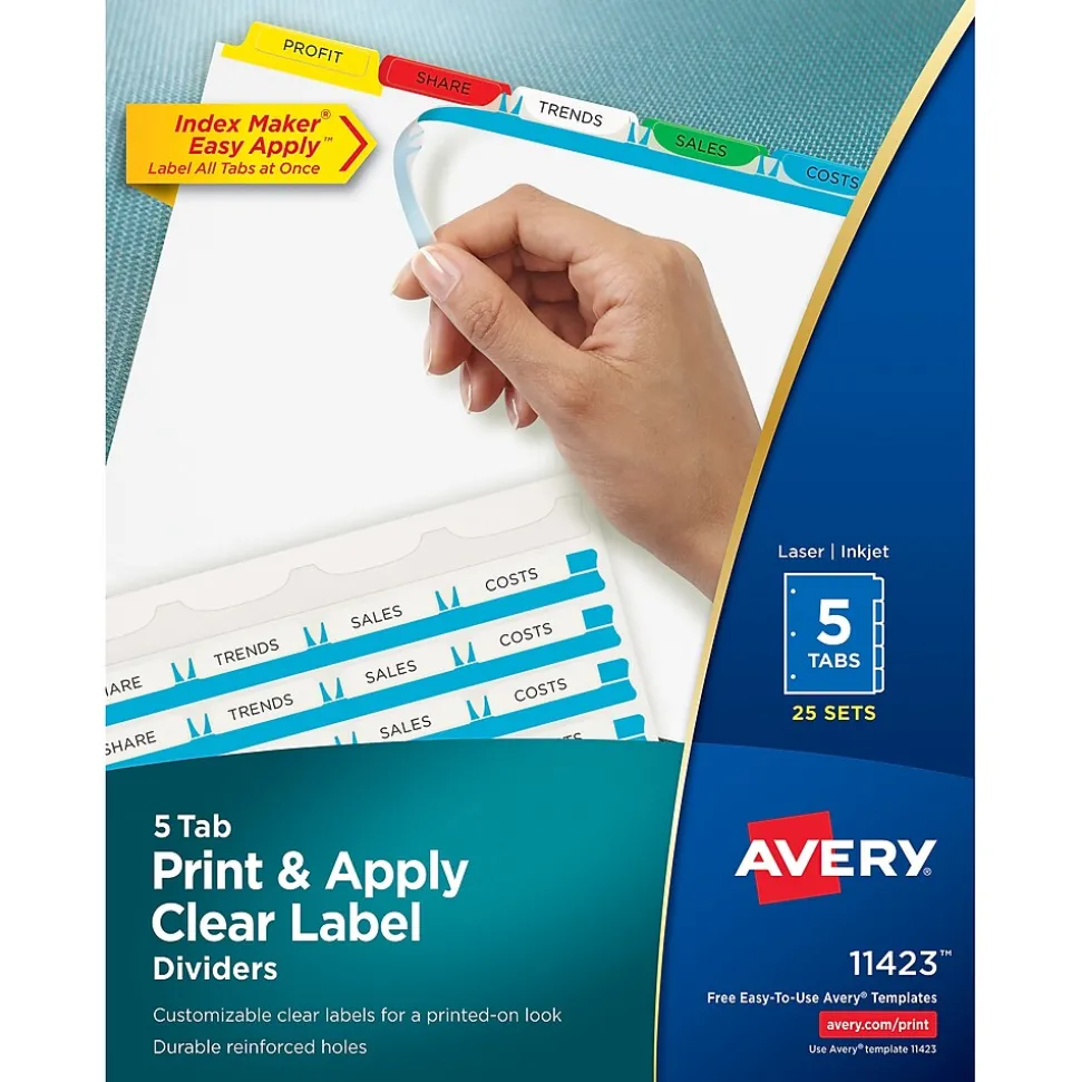 Avery Index Maker Paper Dividers with Print & Apply Label Sheets, 5 Tabs, Multicolor, 25 Sets/Pack (11423)