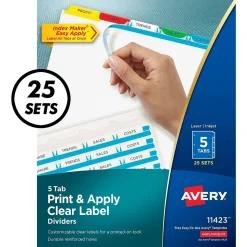 Avery Index Maker Paper Dividers with Print & Apply Label Sheets, 5 Tabs, Multicolor, 25 Sets/Pack (11423)