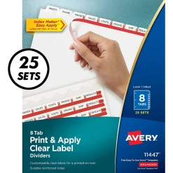 Avery Index Maker Paper Dividers with Print & Apply Label Sheets, 8 Tabs, White, 25 Sets/Pack (11447)